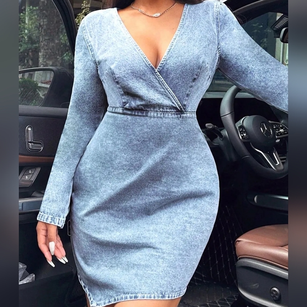 Surplice Long Sleeve Denim Dress - Picture 4 of 6